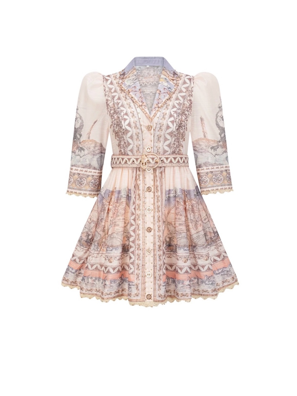 Chic Lace-Trim Button Front Dress in Blush Neutral tones